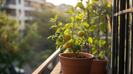 Poster - A potted lemon tree placed on a balcony, with small lemons starting to grow.