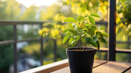 Poster - A potted lemon tree placed on a balcony, with small lemons starting to grow.