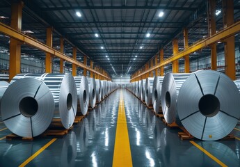 Poster - Industrial warehouse interior showcasing neatly arranged metal rolls on pallets under bright lights with clean floors and high ceilings for manufacturing visual needs