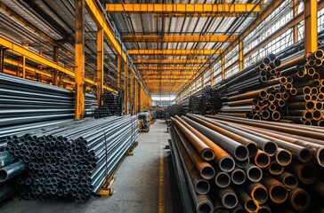 Poster - Industrial warehouse interior showcasing stacked metal pipes and beams in a well-lit space with yellow accents and organized storage for construction materials
