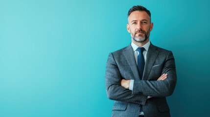 Poster - A professional man in formal attire standing against a solid blue background.