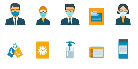 Poster - A professional set of icons illustrating business operations during COVID-19, featuring masks, social distancing, and sanitizer.