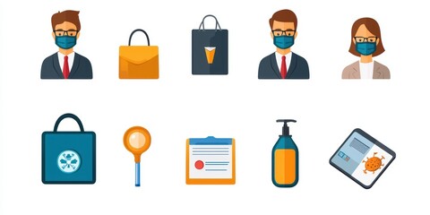 Poster - A professional set of icons illustrating business operations during COVID-19, featuring masks, social distancing, and sanitizer.