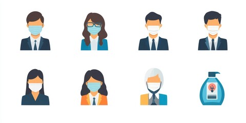 Poster - A professional set of icons illustrating business operations during COVID-19, featuring masks, social distancing, and sanitizer.