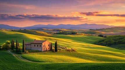 Poster - A quiet farmhouse and surrounding fields illuminated by the vibrant colors of a sunset.