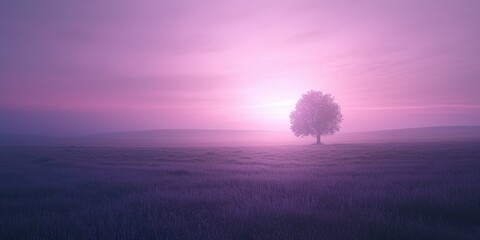Aufkleber - A quiet field bathed in the surreal light of a purple sunset, with a single tree on the horizon.