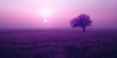 Aufkleber - A quiet field bathed in the surreal light of a purple sunset, with a single tree on the horizon.