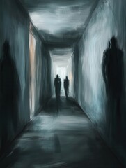 Poster - Dark corridor filled with shadowy figures evokes a chilling atmosphere of suspense and dread in cinematic horror style