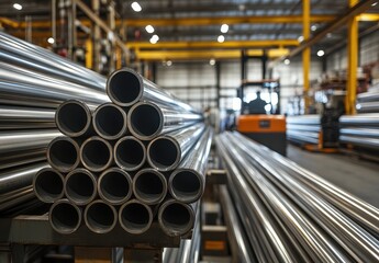Poster - Industrial Warehouse with Stacked Metal Pipes in a Factory Setting Featuring Forklift and Well-Lit Space for Manufacturing Operations and Heavy Equipment