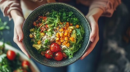 Aufkleber - Healthy vegetarian bowl with fresh vegetables and grains served on a dark background Generative AI