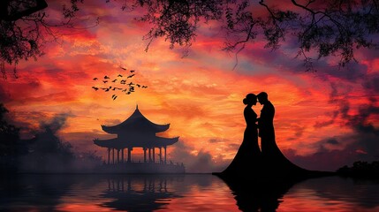 Poster - A romantic silhouette of a wedding couple kissing at sunset with a vibrant sky in the background.
