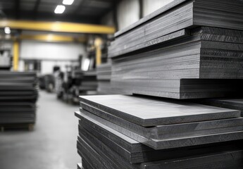 Poster - Industrial Warehouse with Stacked Steel Plates and Heavy Machinery in the Background