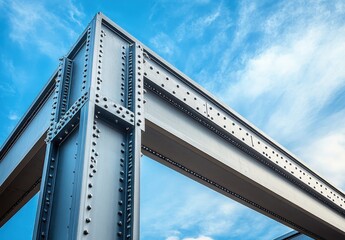 Poster - Intricate Metal Structure Under Bright Blue Sky Showcasing Industrial Design and Architecture with Detailed Rivets and Steel Beams