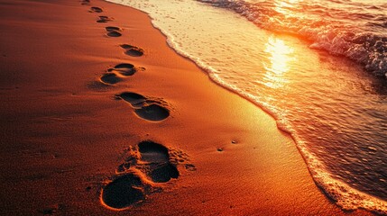 Poster - A sandy beach glowing under the warm colors of sunset, with footprints leading to the water.
