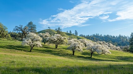 Poster - A scenic hillside covered with cherry blossom trees under a bright blue sky.