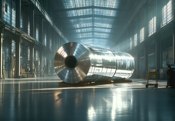 Poster - large metal cylindrical object in an industrial warehouse under dramatic lighting showcasing reflect