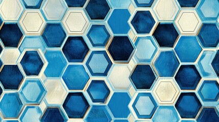 Poster - A seamless geometric blue pattern with hexagons and contrasting shades.