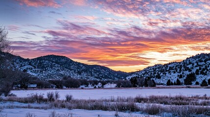 Aufkleber - A serene mountain landscape under a cotton candy sky during a pink sunset