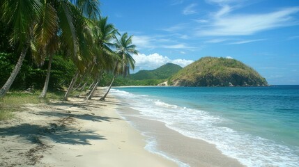 Poster - A group of palm trees lining a sandy beach with turquoise waters in the distance.