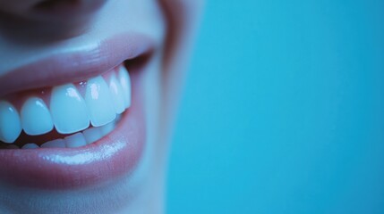 Poster - Perfectly white teeth shine with a bright smile in a friendly dental check up setting with calming pastel backdrop Generative AI