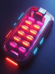 Leinwandbilder - Futuristic high tech pill organizer with holographic indicators in a cybernetic style Generative AI