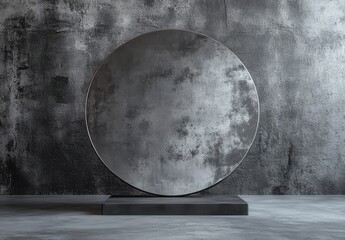 Poster - Metallic Circular Display Stand on Textured Gray Background for Product Photography and Artistic Presentations in Modern Aesthetic Spaces