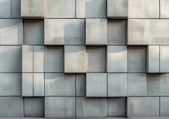 Poster - Modern architectural design featuring textured concrete wall with geometric pattern of rectangular blocks and soft shadows creating visual intrigue