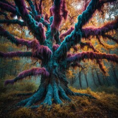 a mystical tree covered in soft, colorful fur in an enchanted forest.