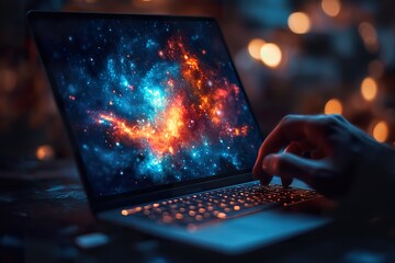 Fototapete - A hand typing on a laptop screen displaying a galaxy image