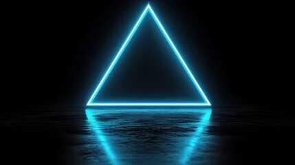Wall Mural - neon blue triangle on deep black background with reflection