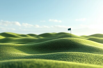 Poster - Beautiful golf course with flag at hole amidst rolling green hills on a sunny day Generative AI