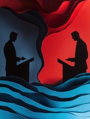 Poster - Bold paper art depicting dynamic silhouettes in a political debate with layered waves and dramatic colors enhancing the composition Generative AI