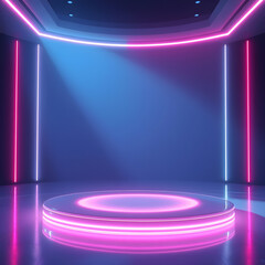 Poster - a neon-lit circular platform with translucent panels and glowing text, creating a futuristic, high-tech presentation space