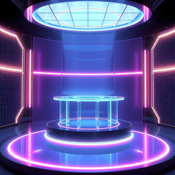a neon-lit circular platform with translucent panels and glowing text, creating a futuristic, high-tech presentation space