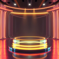 Poster - a glowing stage with a translucent backdrop, lit by neon lights and spotlights, creates a high-tech presentation space
