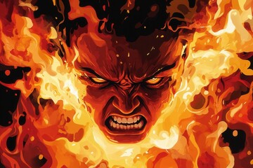 Poster - Anger erupts as a person expresses intense emotions in a fiery background filled with bold red and black colors