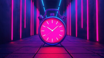 Poster - A vibrant alarm clock stands in a neon-lit corridor, showcasing a striking pink face against a backdrop of blue and purple lights.