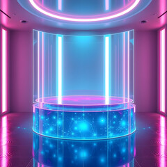 Poster - a curved platform that glows as a high-tech presentation against a dark, reflective backdrop.