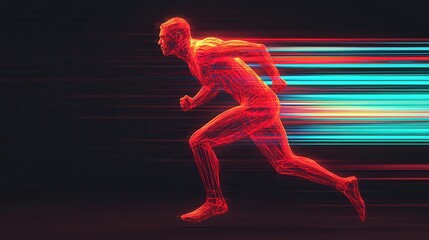 Poster - A dynamic, glowing figure representing speed and motion, depicted as a runner surrounded by vibrant streaks of color suggesting rapid movement.