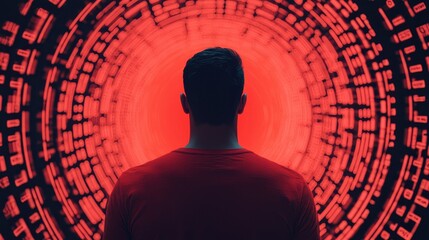 Poster - A silhouette of a person stands before a mesmerizing red circular pattern, evoking themes of technology and introspection.