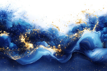 Poster - dynamic ocean wave illustration abstract art blue and gold color palette calm environment aerial vie