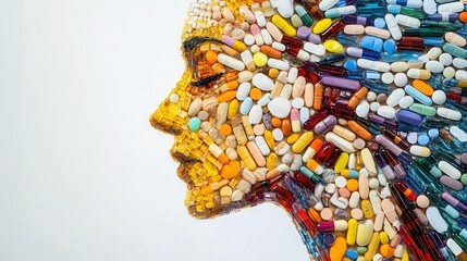 Aufkleber - Colorful mosaic of pills creatively forming a human silhouette with intricate details reflecting artistic interpretation Generative AI