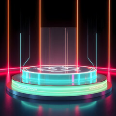 Poster - a neon-lit circular platform with translucent panels and glowing text, creating a futuristic, high-tech presentation space