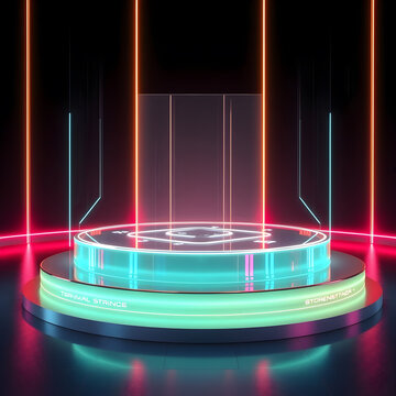 a neon-lit circular platform with translucent panels and glowing text, creating a futuristic, high-tech presentation space