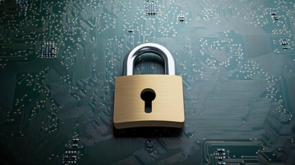 Poster - A secure padlock resting on a complex circuit board representing digital security and cyber protection measures