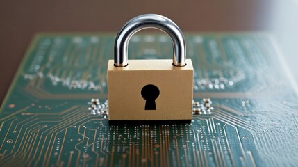 Poster - A secure padlock resting on a complex circuit board representing digital security and cyber protection measures