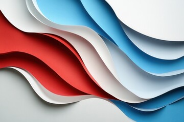 Fototapete - Dynamic layered waves in red, blue, and white create a vibrant and powerful abstract paper art background with depth and movement Generative AI
