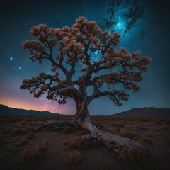 a levitating tree with cosmic fur resembling nebula patterns.