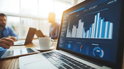 Poster - Analyzing business data trends office space digital analytics collaborative environment close-up view data visualization insights