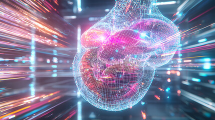 Fototapete - Dynamic neon data visualization digital space 3d rendering futuristic environment close-up technology concept